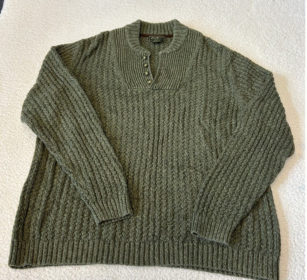 Eddie Bauer Men's Cable Knit Sweater Sz L Green 1/4 Button L/S Fishermancore VTG
